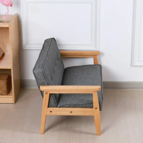 Miniatura 8 de Sofá de doble plaza para niños, sofá para niños con brazo de madera maciza y patrón de lino de PVC para el descanso de los niños (gris oscuro)