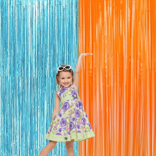 Miniatura 6 de Paquete de 2 cortinas de flecos metálicos de aluminio azul y naranja para decoraciones de fiesta, cortina de fondo azul y naranja para fiesta