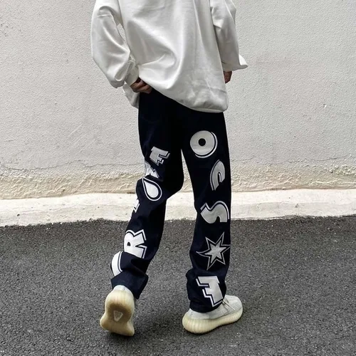 Miniatura 4 de Harajuku - Jeans para hombre con letras estampadas, rectos, holgados, para otoño e invierno, jeans engrosados, jeans góticos
