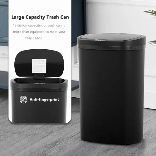 Miniatura 2 de Bote de basura de cocina de 13 galones/50 L con tapa, bote de basura con tapa sin contacto, bonito bote de basura automático para baño, cubo de Negro