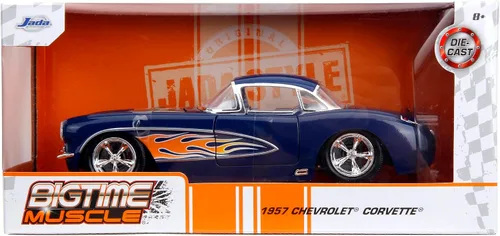 Miniatura 7 de Jada Big Time Muscle 1:24 1957 Chevrolet Corvette - Auto fundido a presión, juguetes para niños y adultos (azul oscuro/llamas)