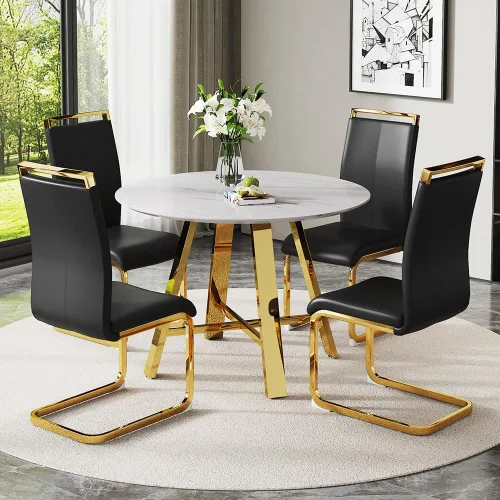 Moderno juego de mesa de comedor redonda para mesa de mármol sintético blanco de 4 a 5 piezas con sillas de piel sintética para cocina, oficina,