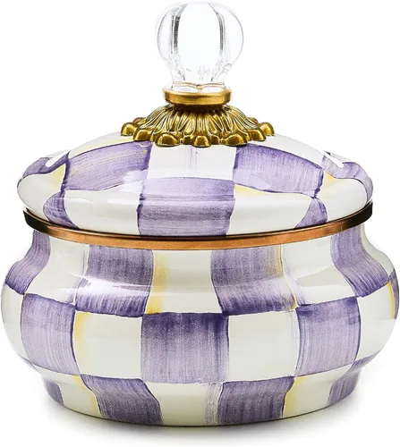 Miniatura 9 de MACKENZIE-CHILDS Olla aplastada de esmalte, bonito recipiente esmaltado con tapa, 20 onzas, a cuadros cortesanos en blanco y negro color fantasía