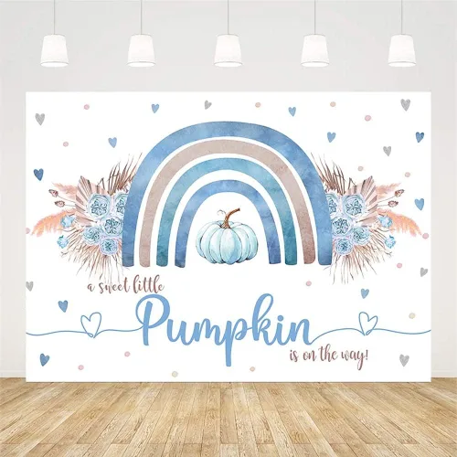 Miniatura 2 de Sendy Telón de fondo bohemio de calabaza azul de 7 x 5 pies para baby shower, otoño, A Little Pumpkin Boy is on The Way, suministros de decoración