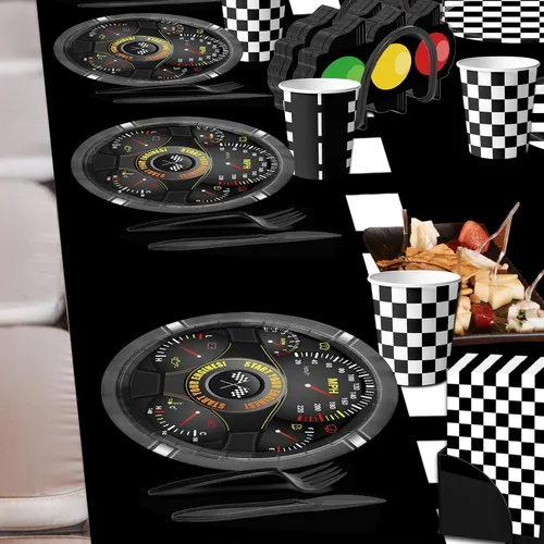 Miniatura 7 de Juego de vajilla de 187 piezas para decoración de fiesta de cumpleaños de coche de carreras, incluye platos de fiesta de autos de carreras