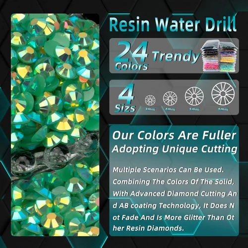 Miniatura 3 de 5000 diamantes de imitación redondos de resina de 0.157 pulgadas (0.157 in) a granel, brillantes AB verde oscuro, parte trasera plana, gemas