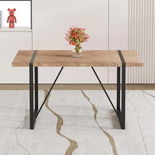 Miniatura 4 de Una mesa de comedor rectangular retro minimalista con una parte superior especialmente texturizada y patas de metal negro. Mesa de madera
