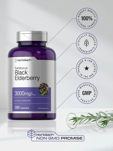Miniatura 5 de Horbäach Baya de saúco negro Cápsulas de 3000 mg 300 unidades Sin OMG, sin gluten Suplemento Sambucus