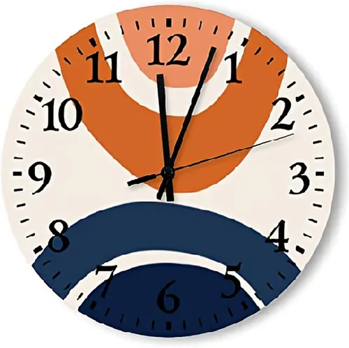 Reloj de pared redondo con formas abstractas, 10 pulgadas, color naranja quemado y azul marino, decoración de pared silenciosa de madera para