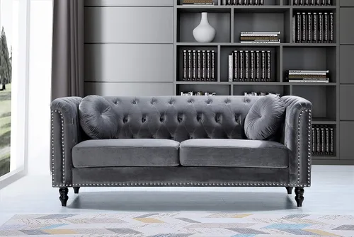 Miniatura 3 de Container Furniture Direct S5370-S Kittleson Sofá Chesterfield tapizado en terciopelo moderno con ribete de clavos, gris Gris (Fossil Grey)