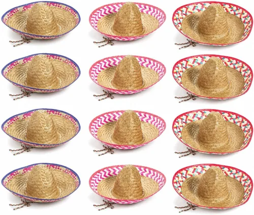 Fun Express Sombreros mexicanos de 12 unidades, auténticos sombreros de paja para decoraciones de fiesta del Cinco de Mayo, tamaño adulto, estilo