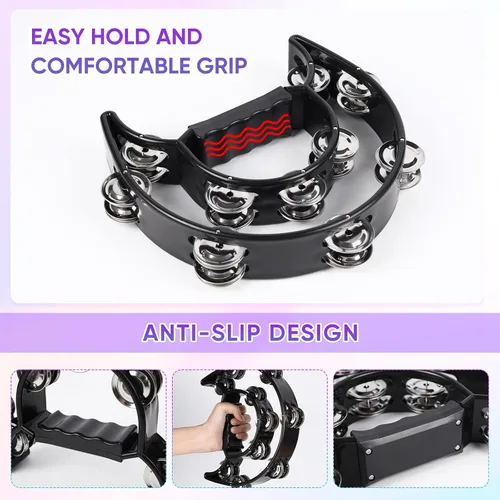 Miniatura 3 de Pandereta de Doble Fila con Cascabeles de Metal, Instrumento de Percusión de Mano en Forma de Media Luna para Adultos y Niños, Fiestas, KTV, Negro