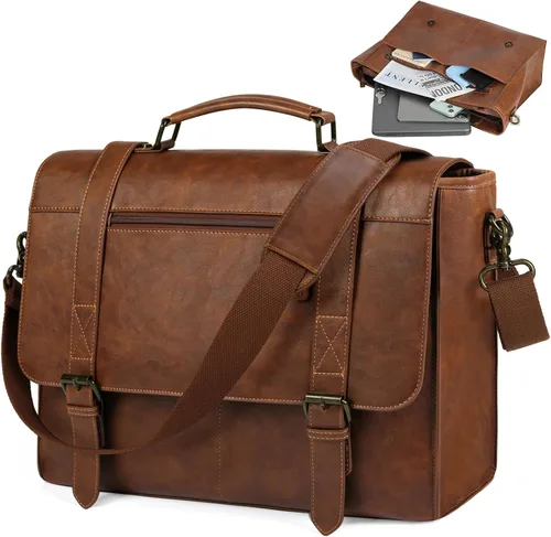 RAINSMORE - Bolso bandolera para hombres de 15.6 pulgadas, de cuero, para laptop, impermeable, estilo vintage, portafolios para computadora para