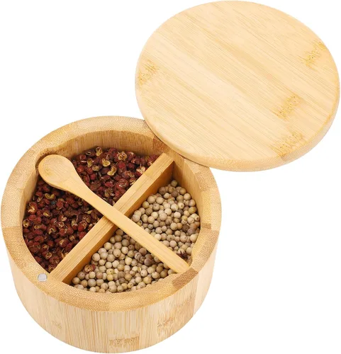 Cuenco de bambú natural para sal y pimienta, bodega de sal de bambú y caja de almacenamiento de especias con cuchara integrada y tapa giratoria Dos
