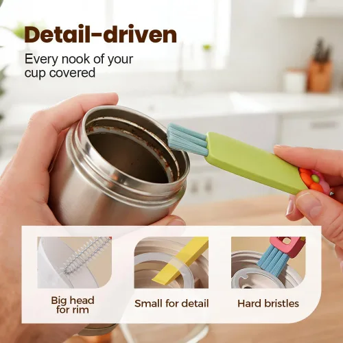 Miniatura 4 de 3 cepillos de limpieza de tapa de taza 3 en 1 y 2 cepillos limpiadores de paja de silicona para botella, cepillos de limpieza portátiles