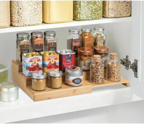 Miniatura 3 de mDesign Organizador de especias ajustable y expandible de bambú con 3 niveles de almacenamiento para armario de cocina, encimera, estante