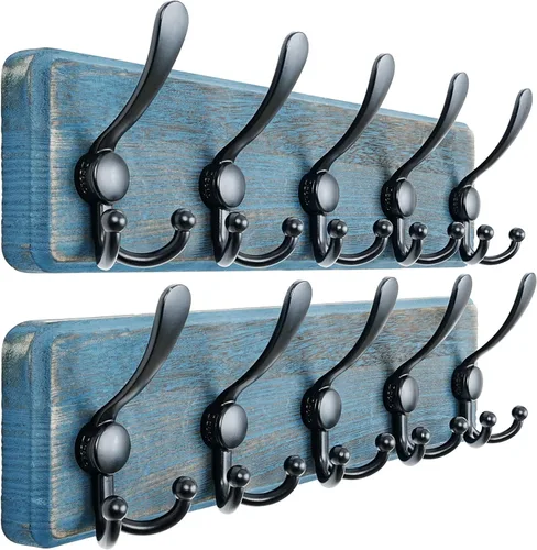 Miniatura 40 de Dseap Perchero de Pared Montado - 5 Ganchos Triangulares, Resistente, Perchero de Pared de Madera para Abriggos, Sombreros, Chaquetas, Ropa, Negro