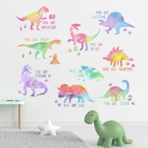 Yovkky Calcomanías inspiradoras de pared de dinosaurio degradado pastel, con cita motivacional de dinosaurio, decoración neutra para guardería,