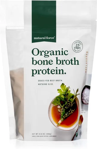 Natural Force - Polvo de proteína de caldo de hueso orgánico puro, alimentado con pasto y certificado Keto, colágeno tipo I, II y III, sin sabor,