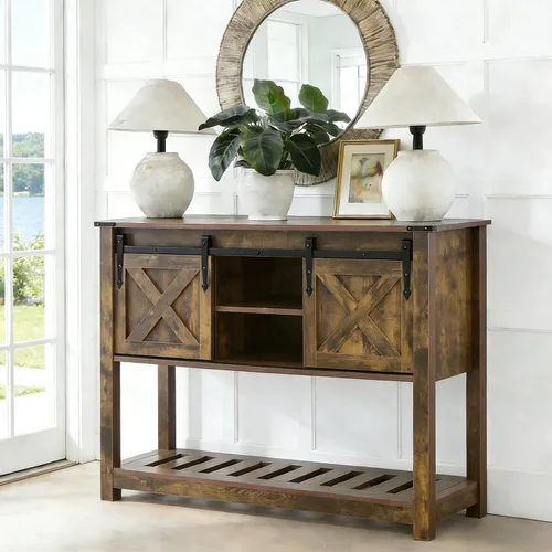 Miniatura 3 de Mesa de entrada de estilo granja con puertas corredizas de granero, mesa consola de madera con estante de almacenamiento, mesa de sofá rústica