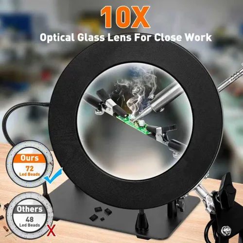 Miniatura 5 de Lámpara de lupa de 10 aumentos con luz y soporte, 2,200 lúmenes, luz iluminada con atenuación sin escalones en 3 colores, 4 pilares de PCB y lámpara