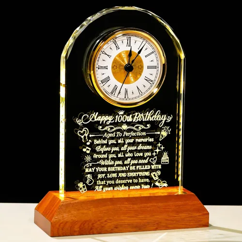 Miniatura 8 de Arikyrist Reloj de cristal de feliz cumpleaños 80 para hombres y mujeres, reloj de cuarzo con base de luz LED de madera, regalos de cumpleaños de 80