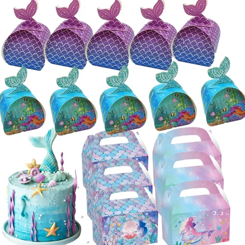 Miniatura 7 de Paquete de 28 cajas de regalo de fiesta de sirena, bolsas de regalo de papel, cajas de regalo de dulces de golosinas, suministros de fiesta temática