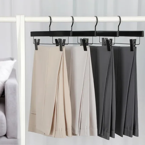 Miniatura 2 de TOPIA HANGER Perchas de madera negra para pantalones, perchas de falda de madera con clips, percha de lujo para jeans con gancho plano anti-óxido