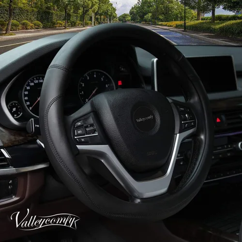 Valleycomfy - Funda de volante de piel de microfibra para volante de tamaño grande, con diámetro exterior de 15.5 a 16 pulgadas, color negro