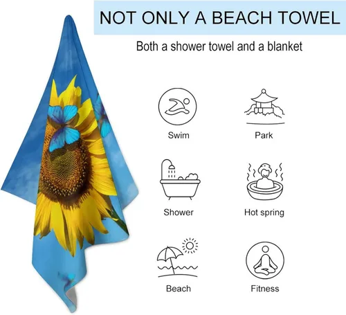 Miniatura 3 de Toalla de playa con diseño de girasol y mariposa, toalla de baño de calidad de hotel de lujo, para adultos, niños, baño, playa, gimnasio, natación