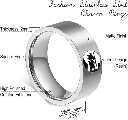 Miniatura 2 de YWDREAM Anillos de anime para hombres, joyería de anime, anillo giratorio de acero inoxidable negro, tamaño 6 a 13, Acero inoxidable, Resina