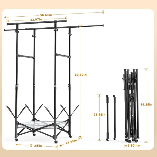 Miniatura 7 de Tendedero portátil plegable para ropa – Varillas ajustables dobles extensibles (33.1 a 56.7 pulgadas) – Diseño fácil de no montar que ahorra espacio