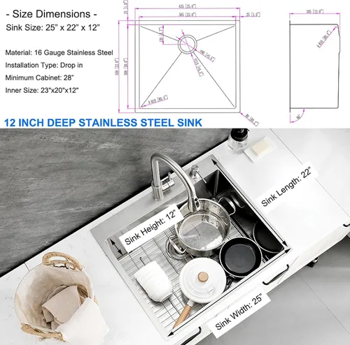 Miniatura 8 de Fregadero de lavandería de acero inoxidable de 25 x 22 pulgadas con grifo, calibre 16, 12 pulgadas, extra profundo, lavabo de lavandería con Níquel