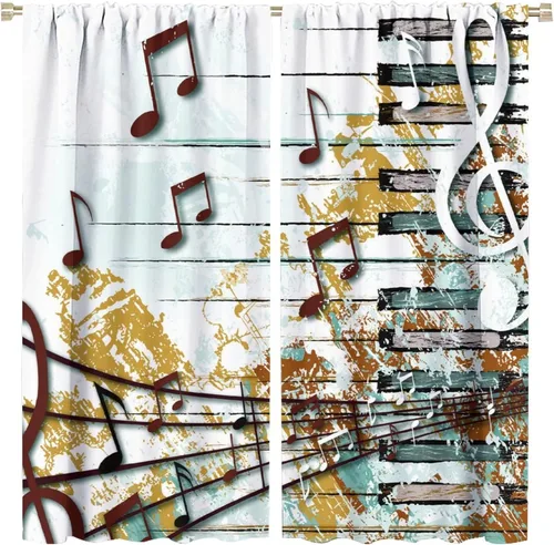 Cortinas de música de piano, estilo vintage, rústicas, notas musicales, llave de piano, decoración del hogar, cortinas opacas con bolsillo para