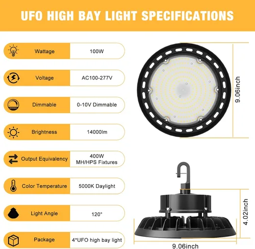 Miniatura 6 de UFO - Luz LED de alta bahía de 100 W, luces LED de alta bahía de 14,000LM, 0-10 V, regulable, cable de 6 pies con enchufe estadounidense, gancho