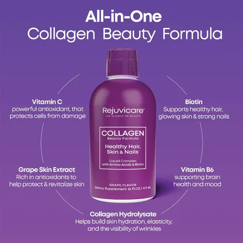 Miniatura 4 de Rejuvicare Fórmula de belleza de colágeno líquido con aminoácidos, proteínas y biotina, delicioso sabor a uva, morado 16 onzas, 32 porciones
