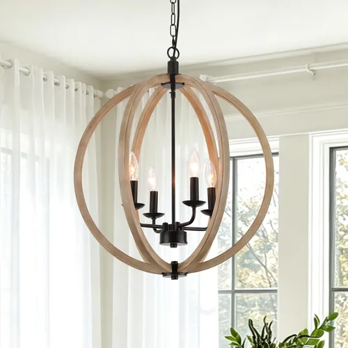Lámpara de araña de orbe de granja, 4 luces de bola de madera sintética para comedor, vestíbulo, isla de cocina (marco de metal de globo)