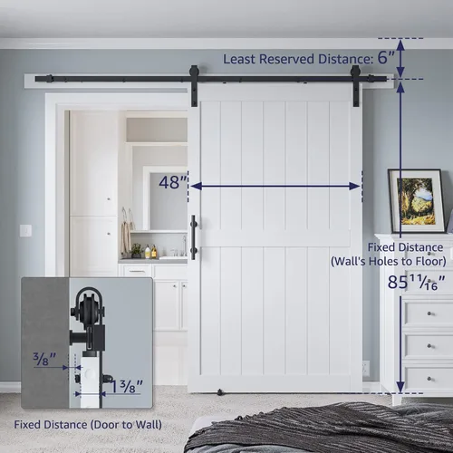 Miniatura 2 de Puerta corrediza estilo granero de 48 x 84 pulgadas con kit de herrajes para puerta corrediza de 8 pies y asa, agujeros preperforados para fácil
