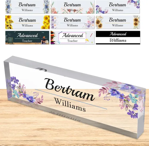 Miniatura 29 de Placa de nombre personalizada para escritorio, placas de nombre personalizadas para hombres y mujeres, diseño de girasol con logotipo de negocios