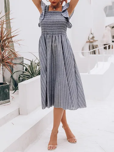 Miniatura 4 de Miessial Vestido midi de verano para mujer, casual, manga corta, vestido de lino fruncido 2025, vestido bohemio para invitados de boda con bolsillos