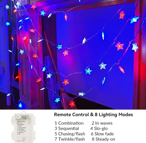 Miniatura 4 de Luces decorativas del 4 de julio, color rojo, blanco y azul, funciona con pilas, 50 LED, cadena patriótica de estrellas de 20 pies, 8 modos