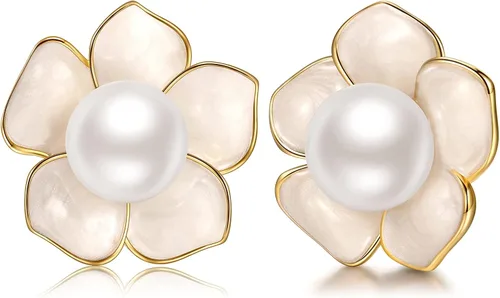 Aretes tipo dormilona chapados en oro de 14 quilates de plata de ley 925 con forma de flor de rosa y perla para mujer, Chapado en oro de 14