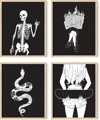 HAUS AND HUES Decoración gótica de pared, juego de 4 impresiones de Halloween, arte de pared de terror y esqueleto, obra de arte espeluznante de