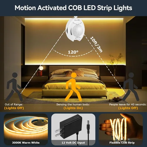 Miniatura 2 de Tira de luces LED COB con sensor de movimiento para debajo de la cama, 2 tiras de luz LED blanca cálida activada por movimiento para mesita