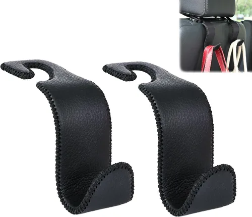 Amooca - Gancho para reposacabezas de asiento de coche, organizador de almacenamiento universal para bolso de mano, abrigo, cuero con metal,