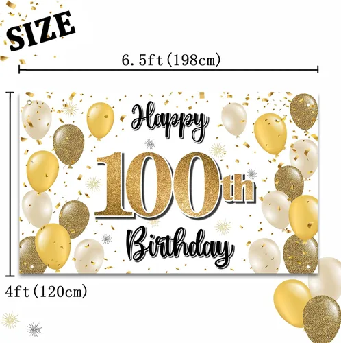 Miniatura 2 de Decoraciones de Feliz Cumpleaños 100, Globo Dorado Grande 100 Pancarta de Cumpleaños Telón de Fondo Letrero - Salud por 100 Años Suministros