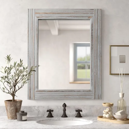 YOSHOOT Espejo de pared empalmado de madera hecho a mano para baño, espejo de tocador rústico de granja, arte de pared decorativo, marco de madera