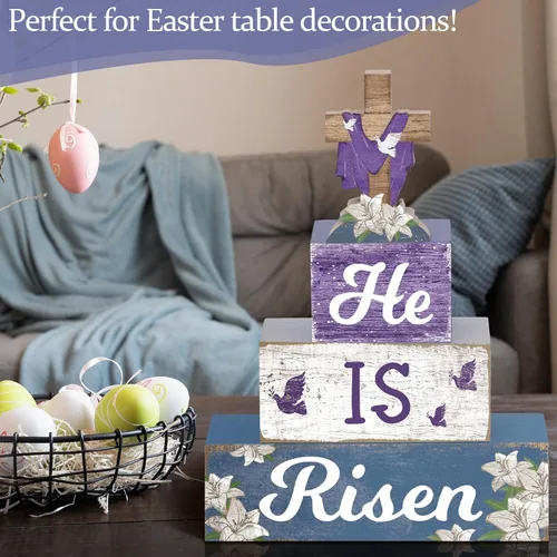 Miniatura 4 de 4 piezas de decoración de mesa de Pascua con texto en inglés "He Is Risen" de madera religiosa, centro de mesa de madera religiosa, bloques de cruz