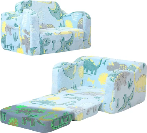 MeMoreCool Silla para niños pequeños – Sofá infantil convertible con diseño de dinosaurio brillante desplegable | 1 – 3 años | Sofá de espuma suave