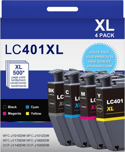LC401XL LC401 - Paquete de 4 cartuchos de tinta J1010DW de alto rendimiento compatibles con cartuchos de tinta Brother 401XL LC-401, funcionan con